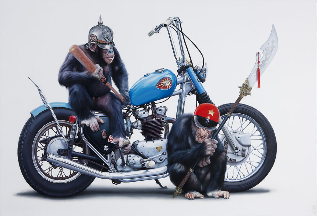 Two monkeys with a motorcycle, bat and spear - Tony South - Defunct