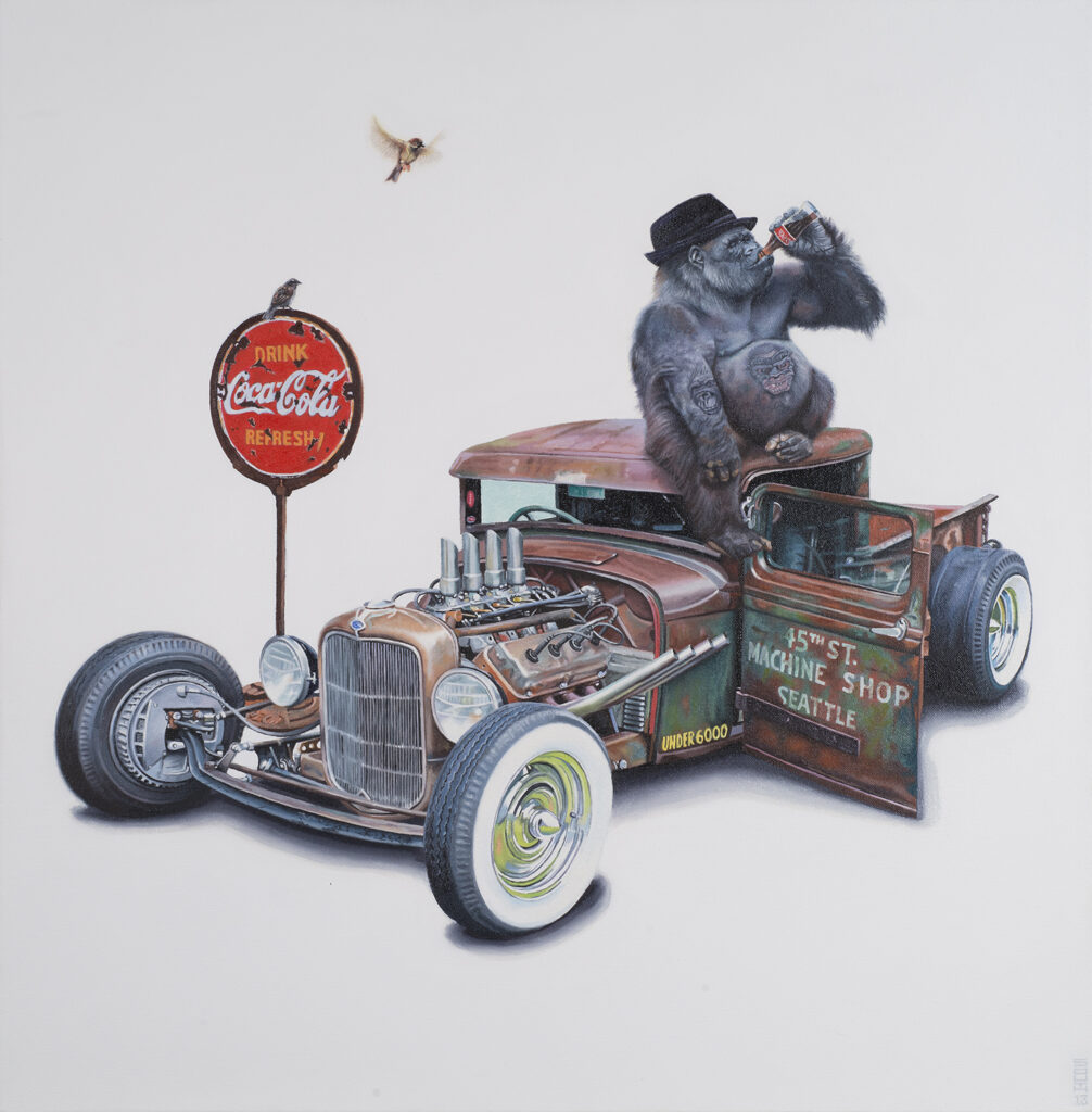 a gorilla sitting on the roof of a hot rod with a coke sign - Tony South - The Fizz, The Fur & The Ferrous