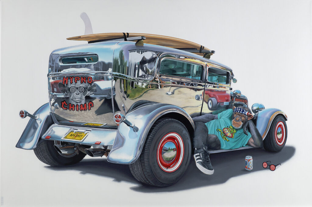 A monkey laying on the running board of a chrome hot rod with a surfboard on the roof - Tony South - Silver Surfer