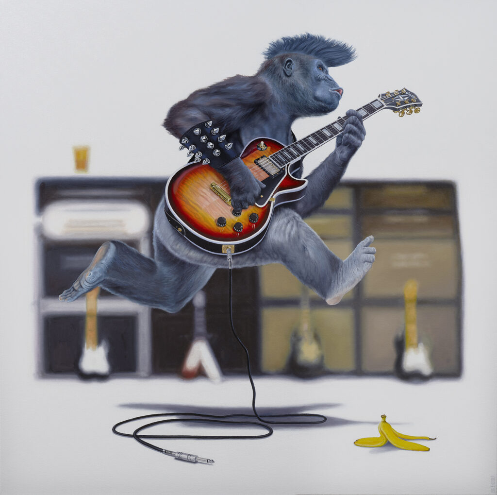 A gorilla flying through the air with an unplugged guitar - Tony South - Gravity