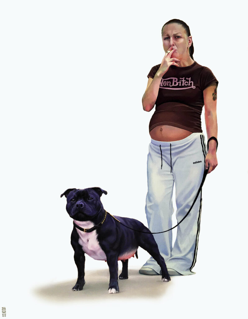 A woman walking a bull terrier - Tony South - Gestate