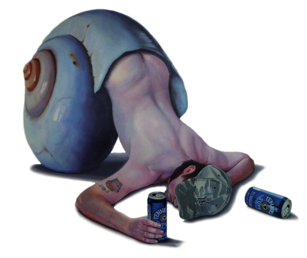 a man as a snail with two cans of beer - Tony South - Legless