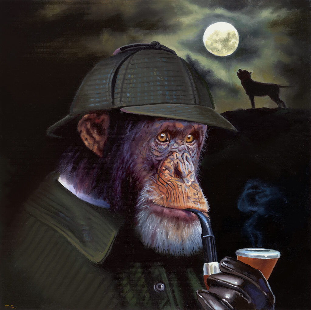 A monkey dressed like Sherlock Holmes with a wolf in the background - Tony South - Elementary