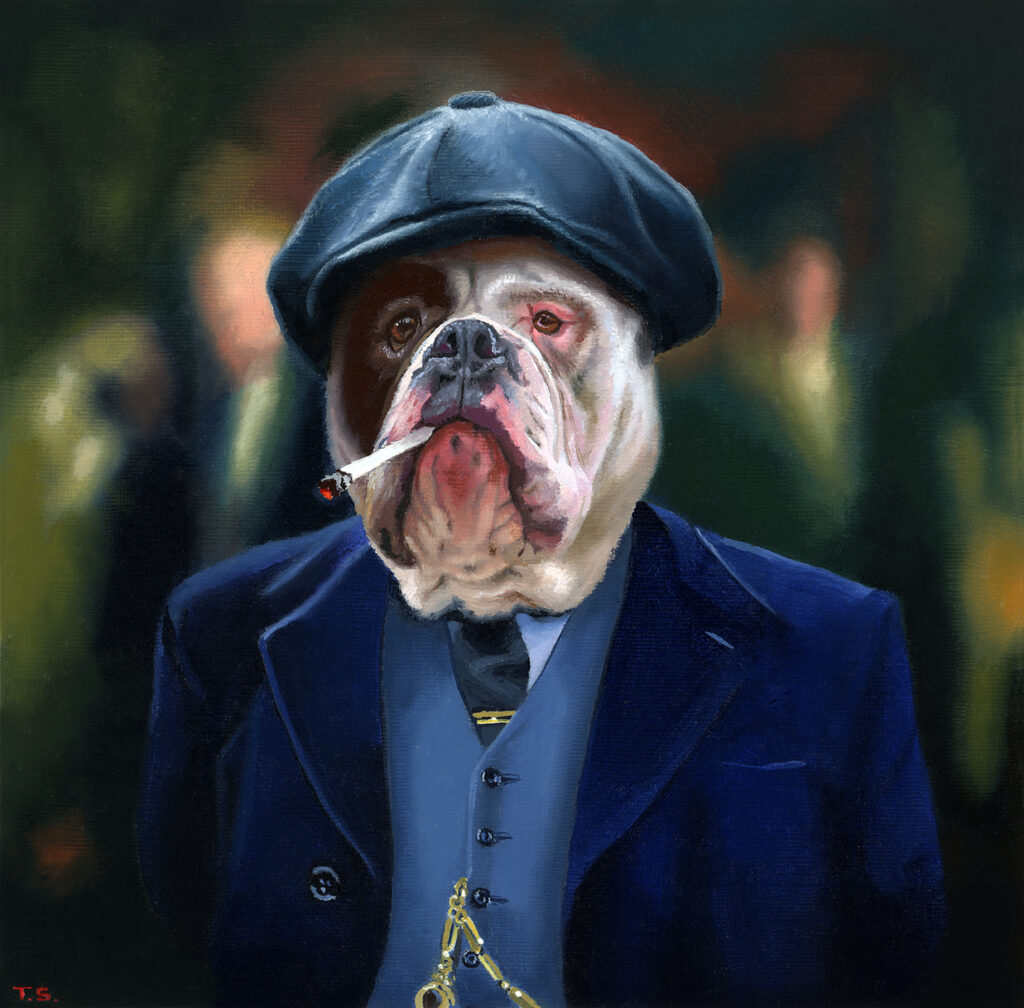 A dog dressed in a suite with a hat and cigarette - Tony South - Your Don't Parley When You're On The Back Foot