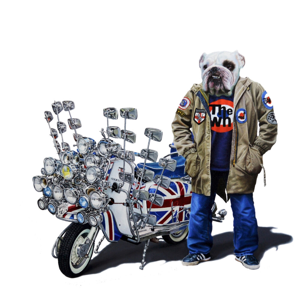 A dog in an overcoat standing next to a motorbike with lots of mirrors on it - Tony South - Brighton Bullseye