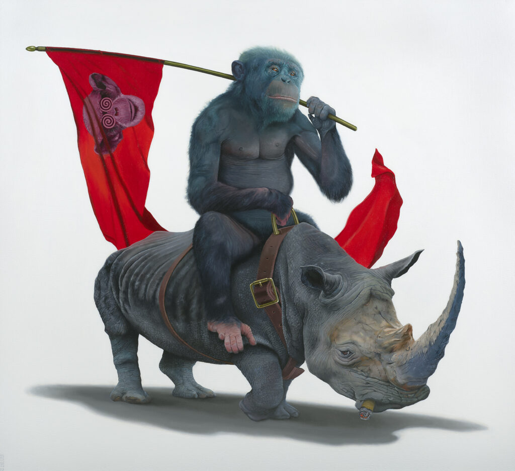 Gorilla carrying a flag while riding on a rhino